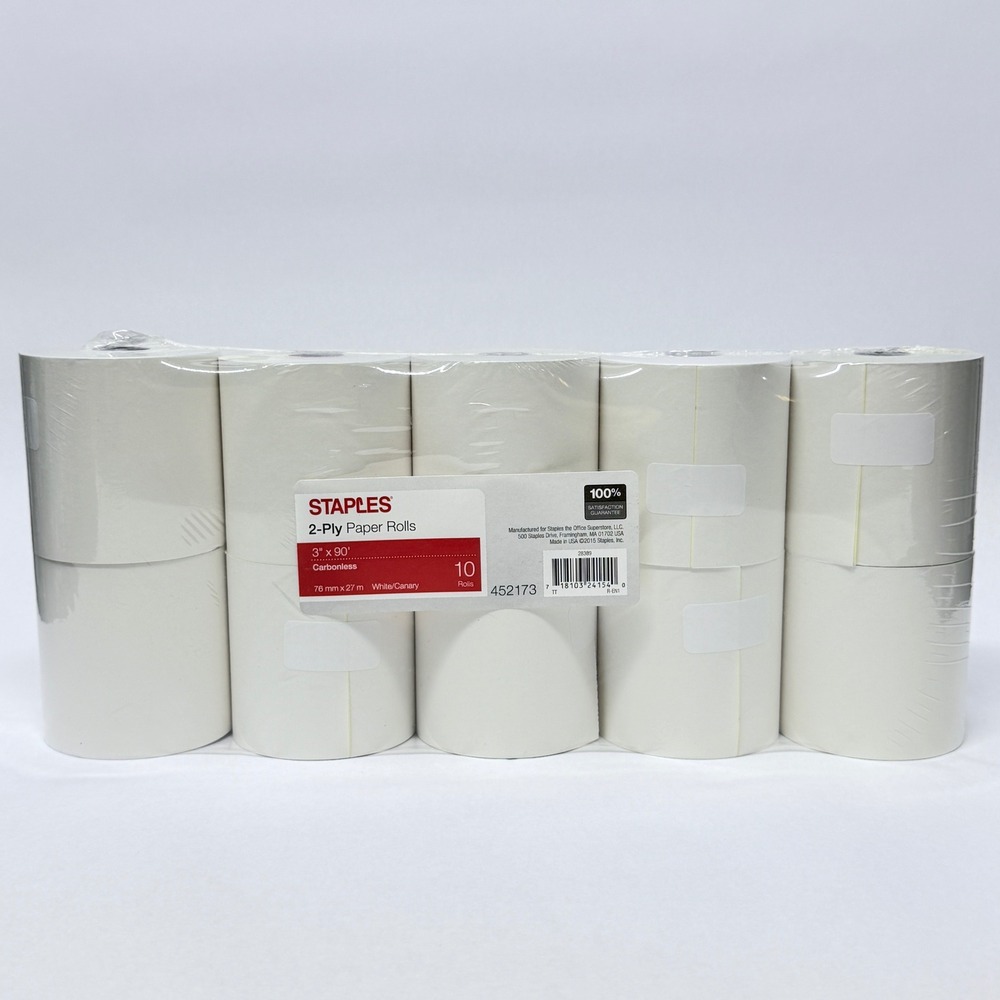 Staples 2-Ply Carbonless Paper Rolls 3in x 90ft White Canary 10 Pack